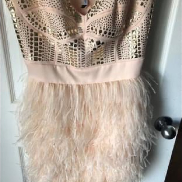 BEBE Pink feather , bodice studded cocktail dress ! Used once , Large - Picture 3 of 3